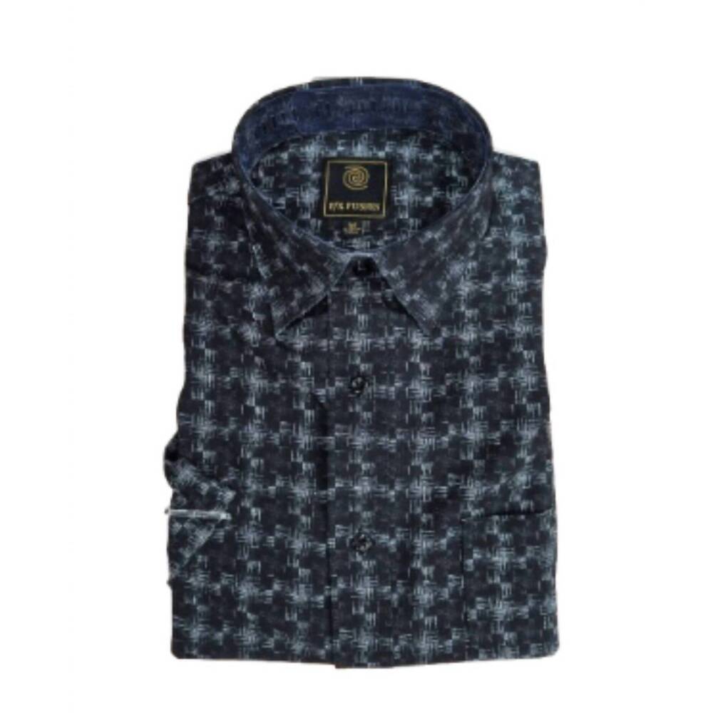 NEW F/X FUSION men's short sleeve textured linen print shirt in black and gray